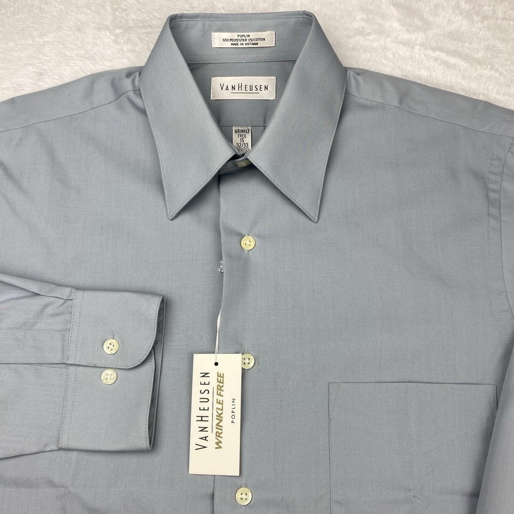 Van Heusen Men's Medium 15-32/33 Iced Gray Dress Shirt Wrinkle-Free Poplin NWT